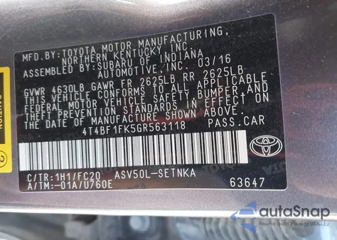 2016 Toyota Camry Le from USA, damaged, VIN 4T4BF1FK5GR563118